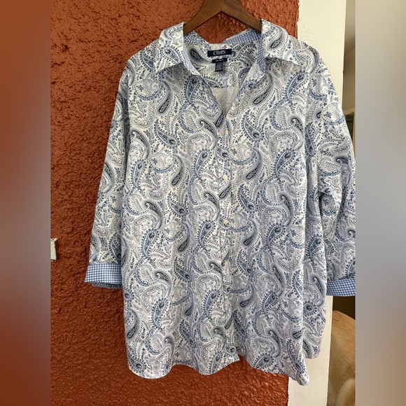 Women's Chaps 2XL No Iron Long Sleeve Paisley Gingham Blue Long Sleeve Collared - Picture 1 of 5